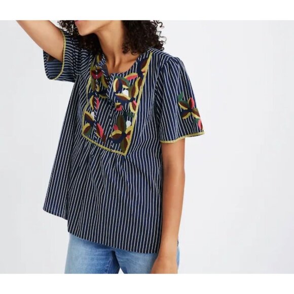 Madewell Cotton Popover Blouse Striped Embroidered Short Sleeve Multicolor Sz S - Picture 1 of 12